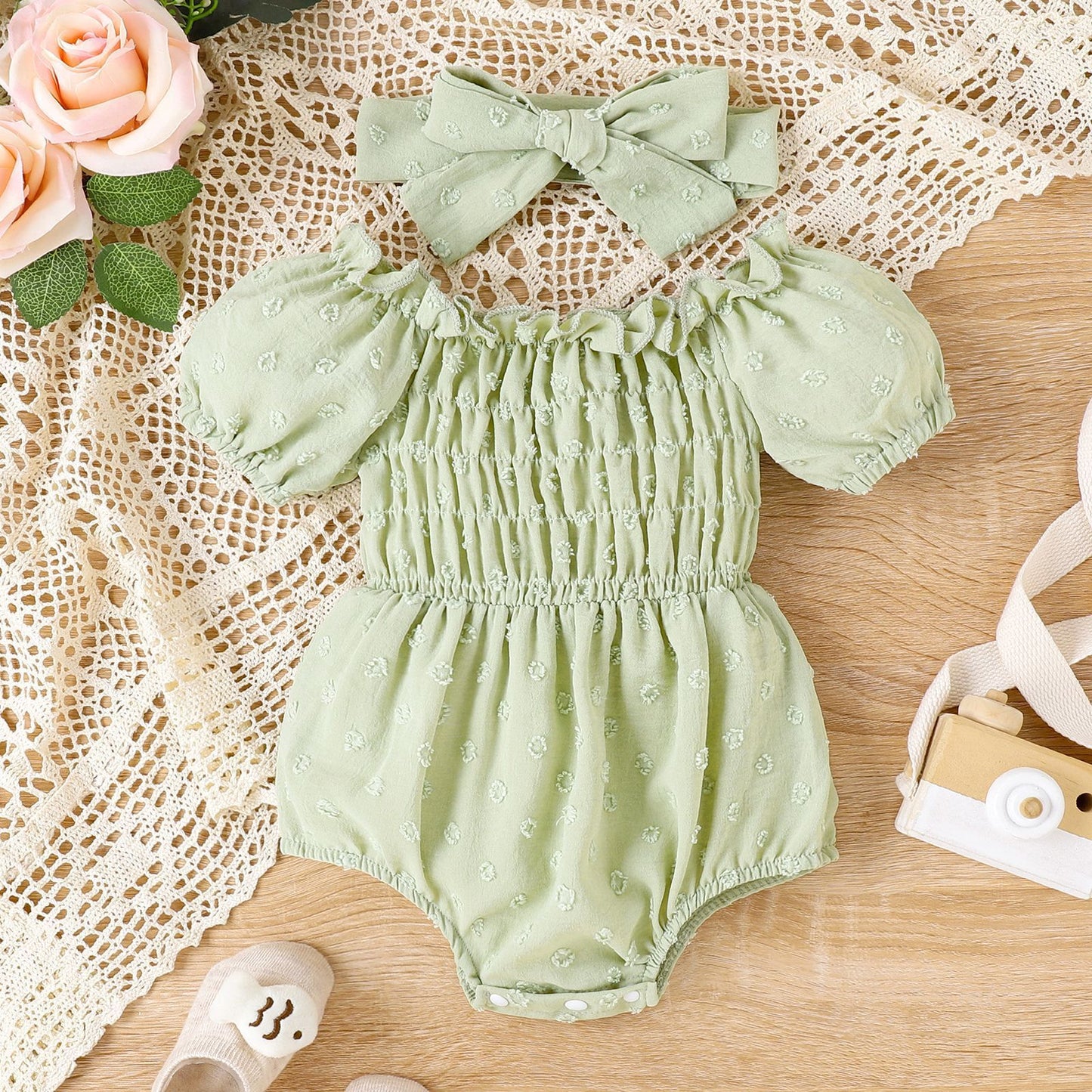 Baby Girl Puff Short Sleeve Rompers Jumpsuit Bow Suit