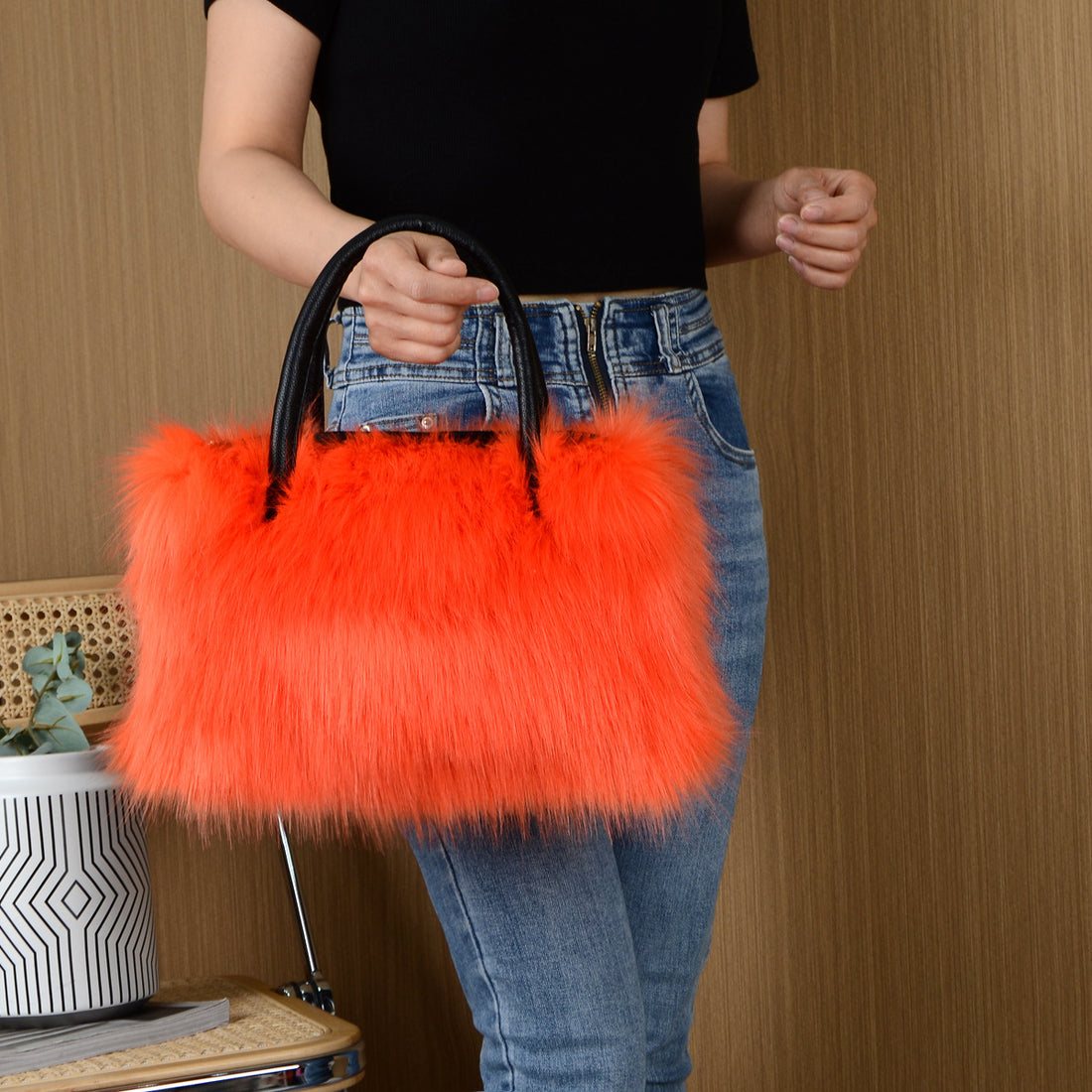 High-end Hand-carrying Square Plush Bag Fur Raccoon Fur Handbag Large Capacity