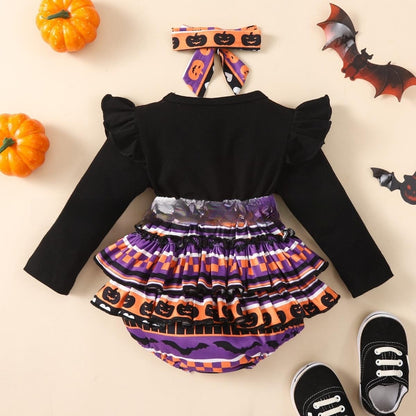Halloween Flounced Sleeve Two-piece Round Neck Long-sleeved Triangle Romper