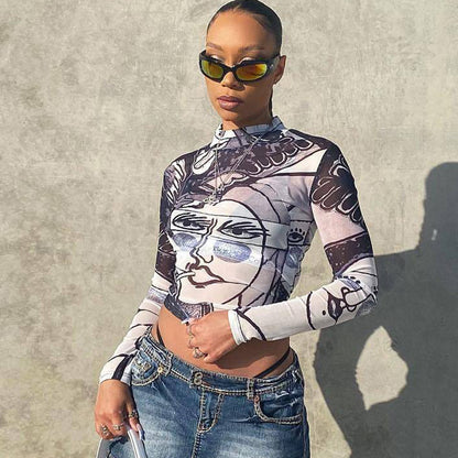 Sheer Mesh Round Neck Long Sleeve Slim-fit Top