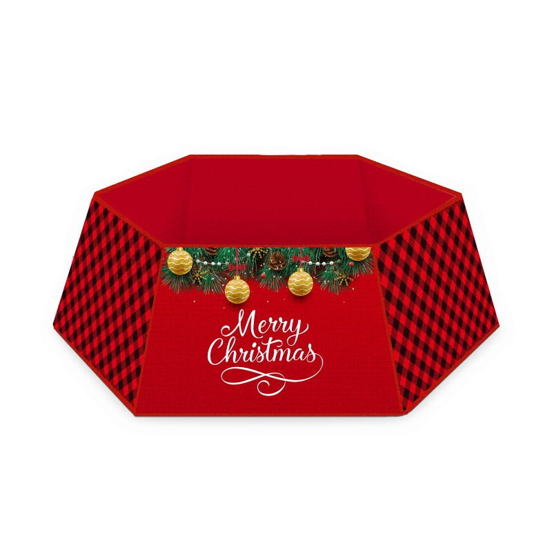 Christmas tree skirt with red and black plaid design and "Merry Christmas" text, ideal for festive holiday décor.