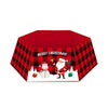 Christmas tree skirt featuring Santa and snowman in festive plaid design with Merry Christmas message.