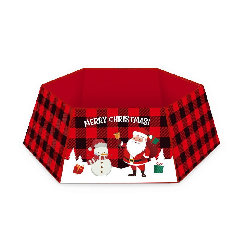 Christmas tree skirt featuring Santa and snowman in festive plaid design with Merry Christmas message.