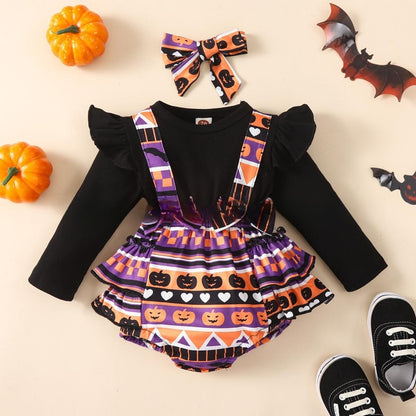 Halloween Flounced Sleeve Two-piece Round Neck Long-sleeved Triangle Romper